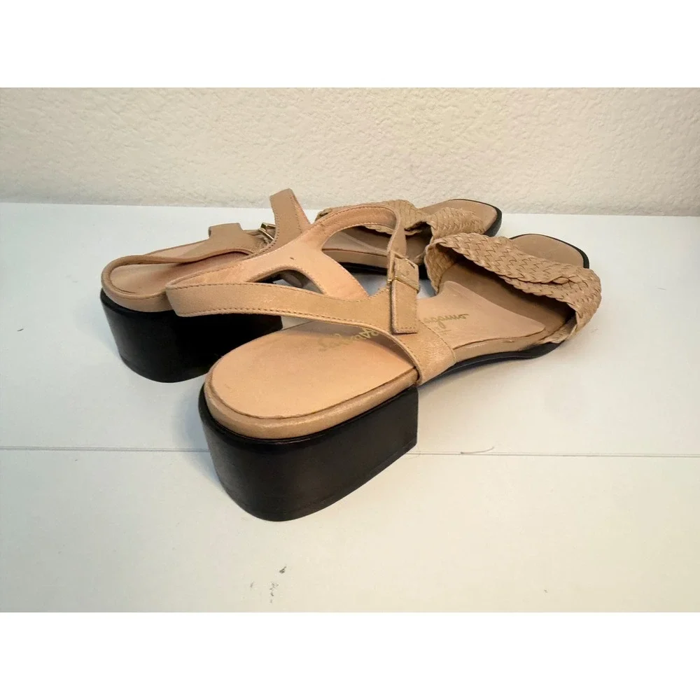 Salvatore Ferragamo Woven Leather Block Heel Sandals Tan Beige Size 8 B Italy